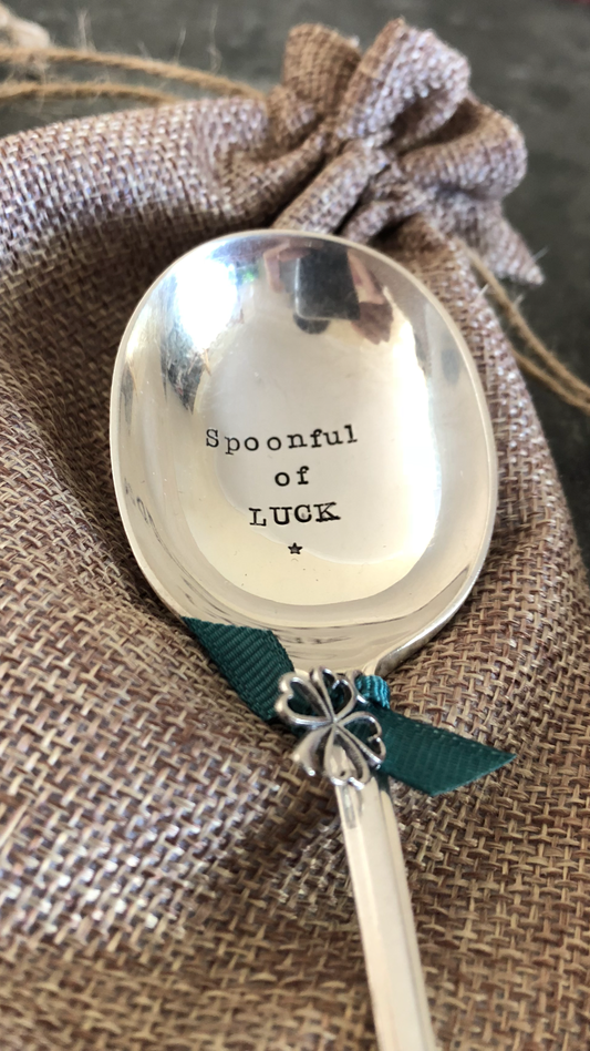 SPOONFUL OF LUCK - Hand stamped Vintage Silver Plated Soup of Dessert spoon - Free P&P