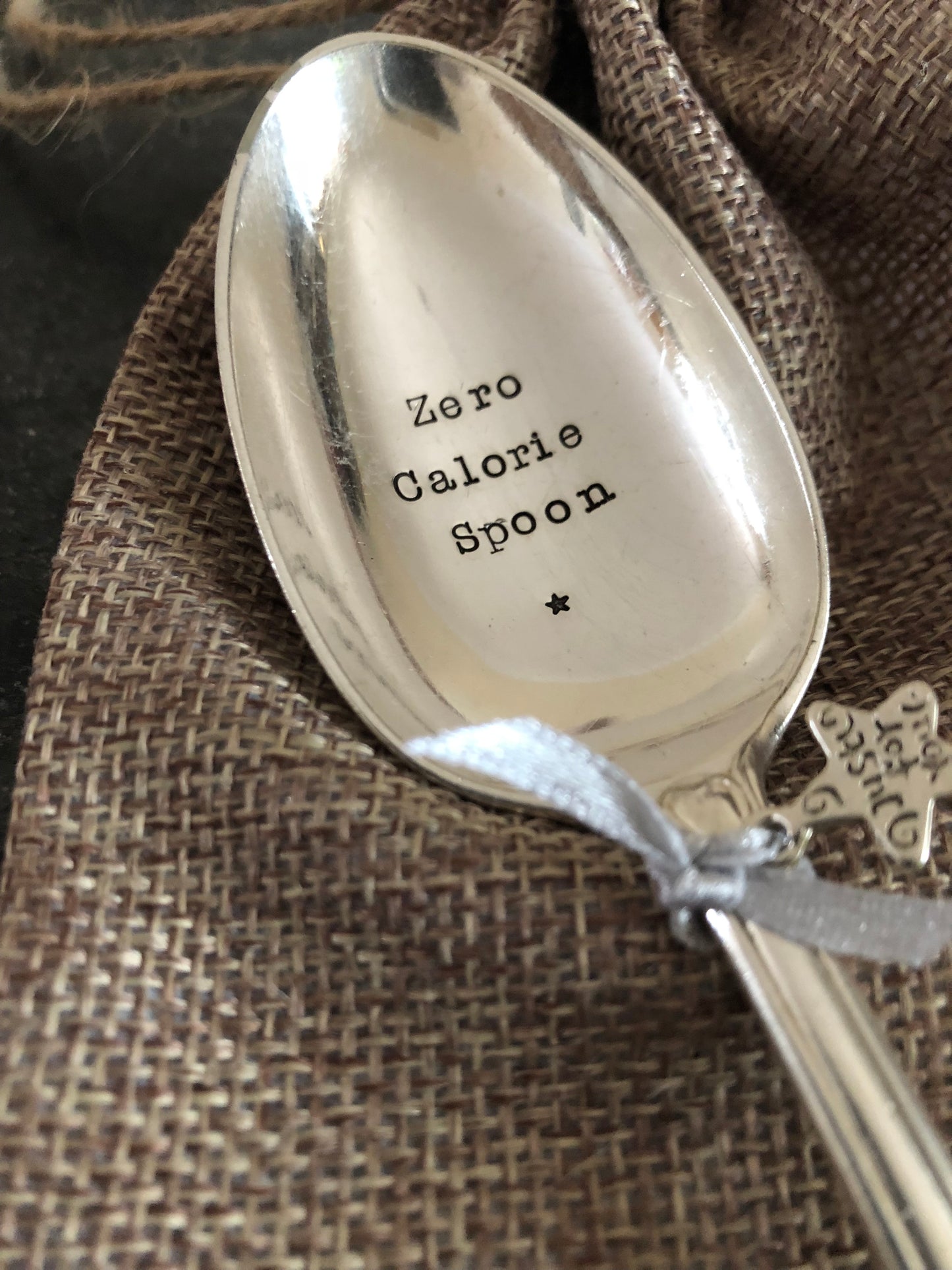 ZERO CALORIE SPOON   Hand stamped Silver Plated Vintage Dessert spoon - FREE P&P