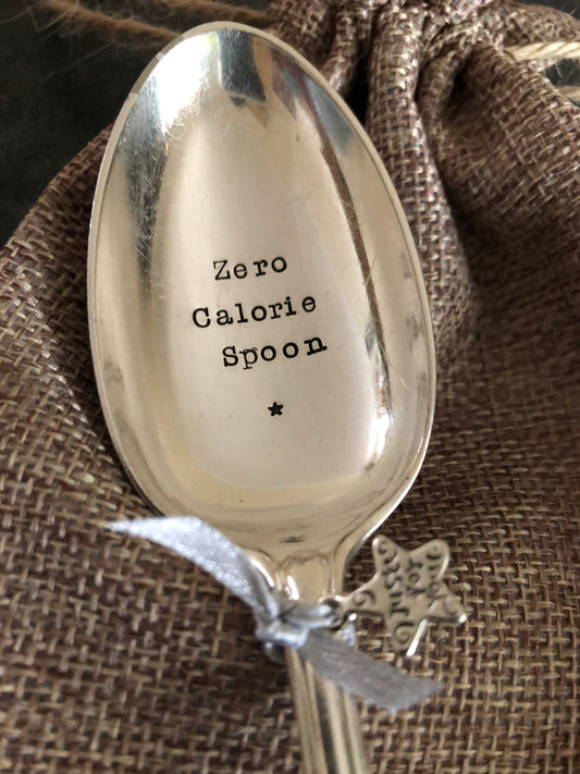 ZERO CALORIE SPOON   Hand stamped Silver Plated Vintage Dessert spoon - FREE P&P