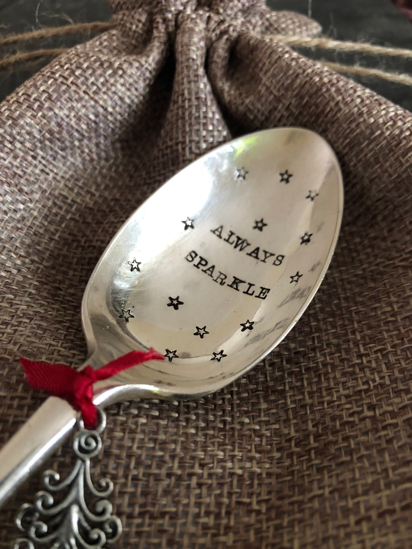 ALWAYS SPARKLE  Hand Stamped Vintage Silver Plated Dessert Spoon - Free P&P