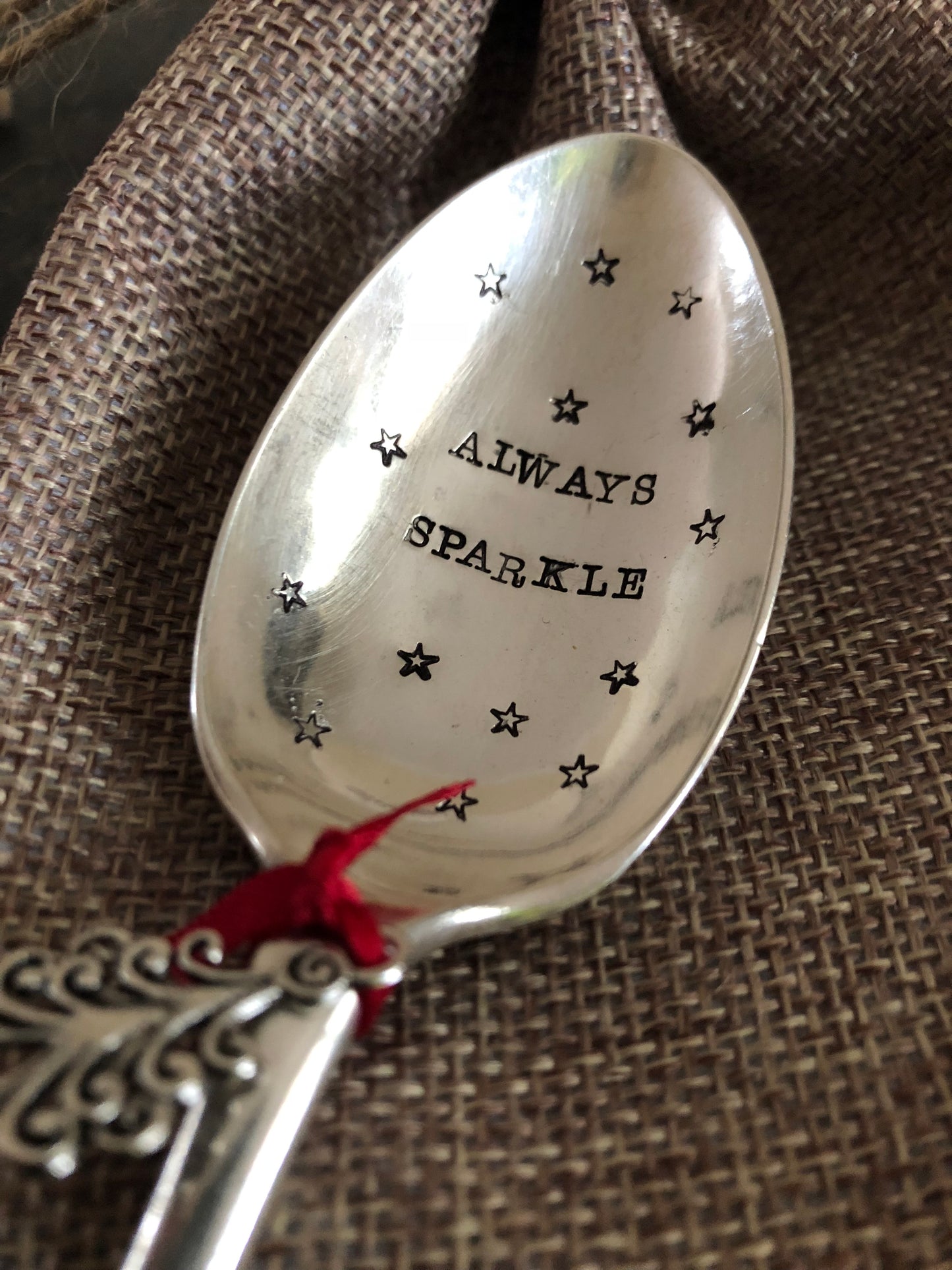ALWAYS SPARKLE  Hand Stamped Vintage Silver Plated Dessert Spoon - Free P&P