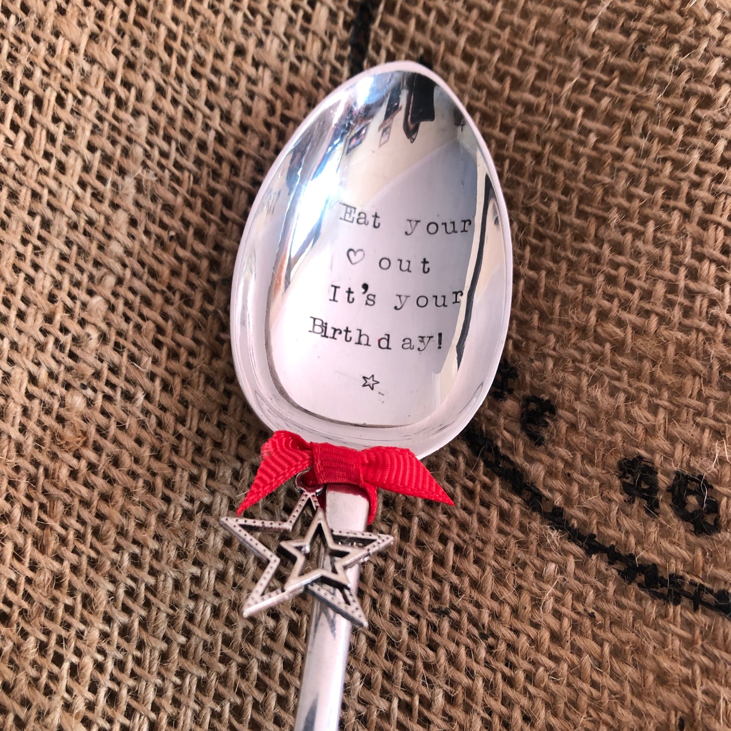 EAT YOUR HEART OUT...IT'S YOUR BIRTHDAY! - Fun Hand stamped Silver Plated Vintage Dessert/soup Spoon - Free UK shipping