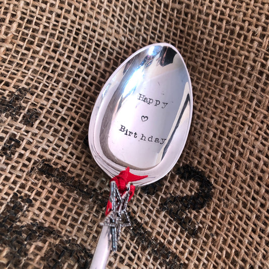 HAPPY BIRTHDAY - Hand stamped Silver Plated Vintage Dessert spoon - Free UK shipping