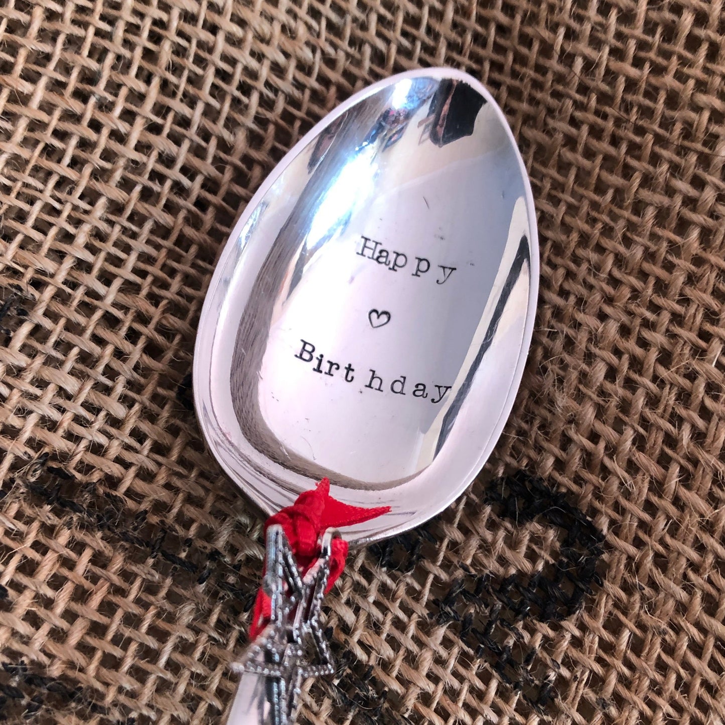 HAPPY BIRTHDAY - Hand stamped Silver Plated Vintage Dessert spoon - Free UK shipping