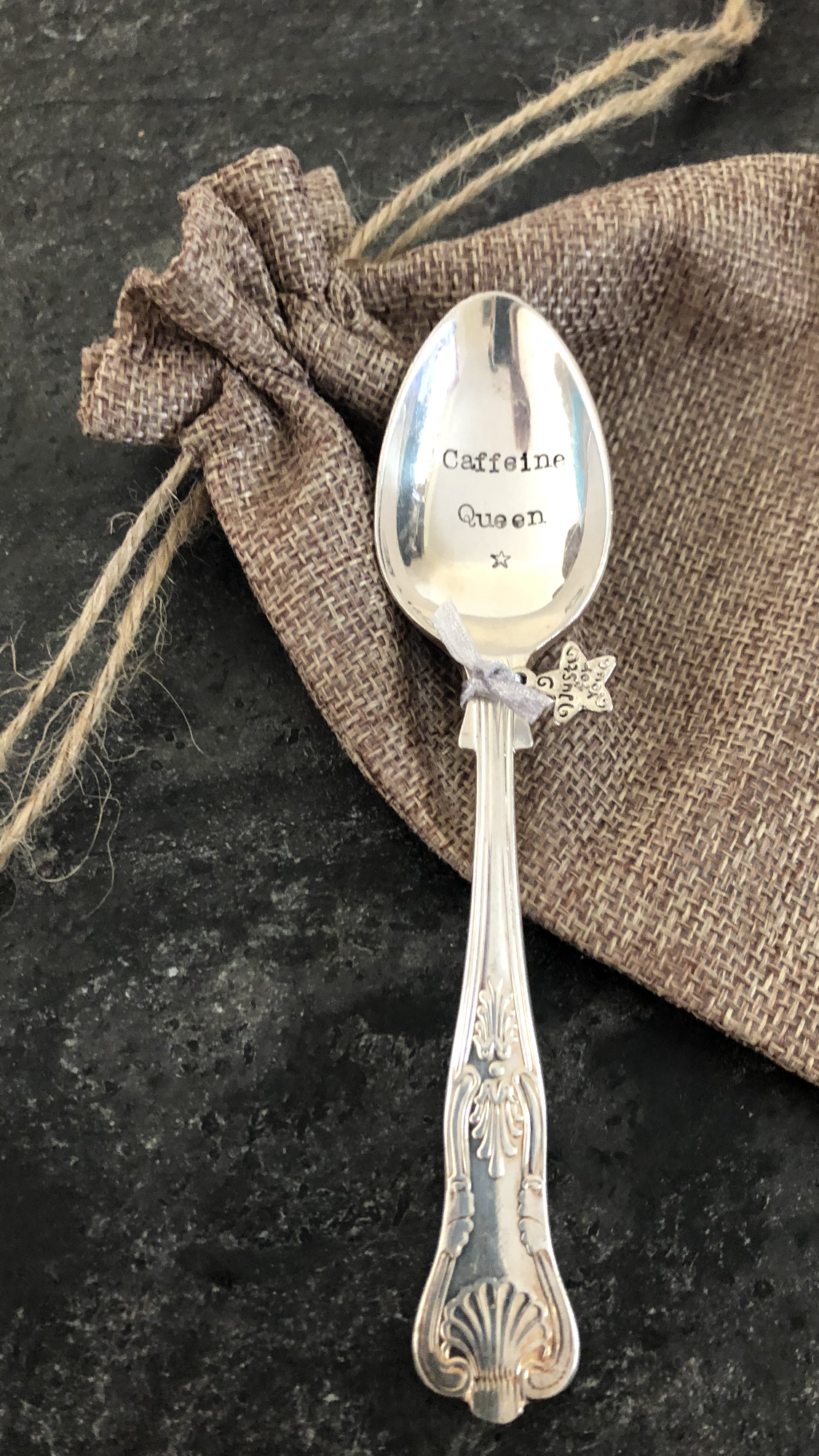 CAFFEINE QUEEN - Hand stamped Vintage Silver Plated Teaspoon - Free P&P