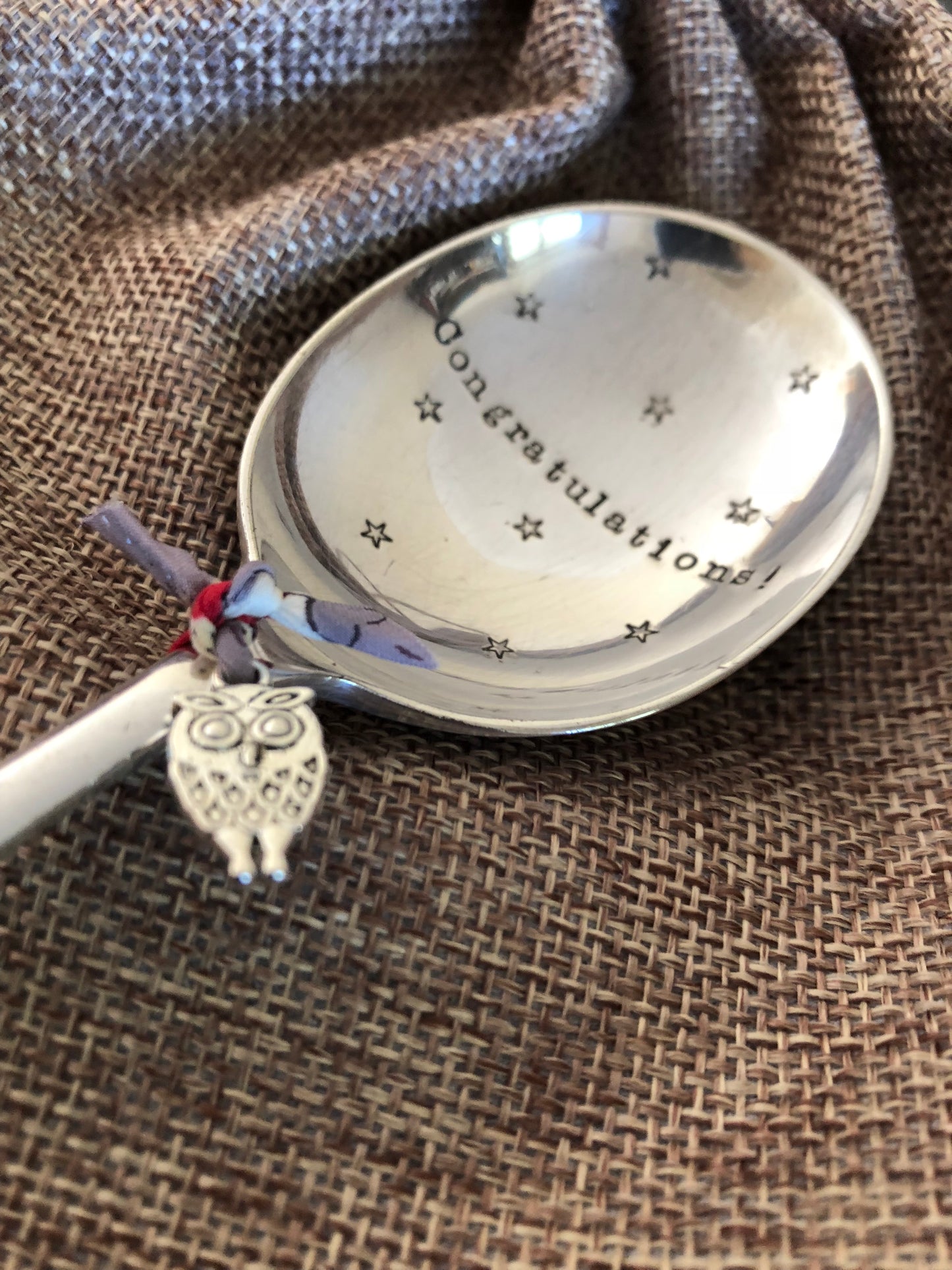 CONGRATULATIONS   Hand stamped Vintage Silver Plated Soup Spoon - Free P&P