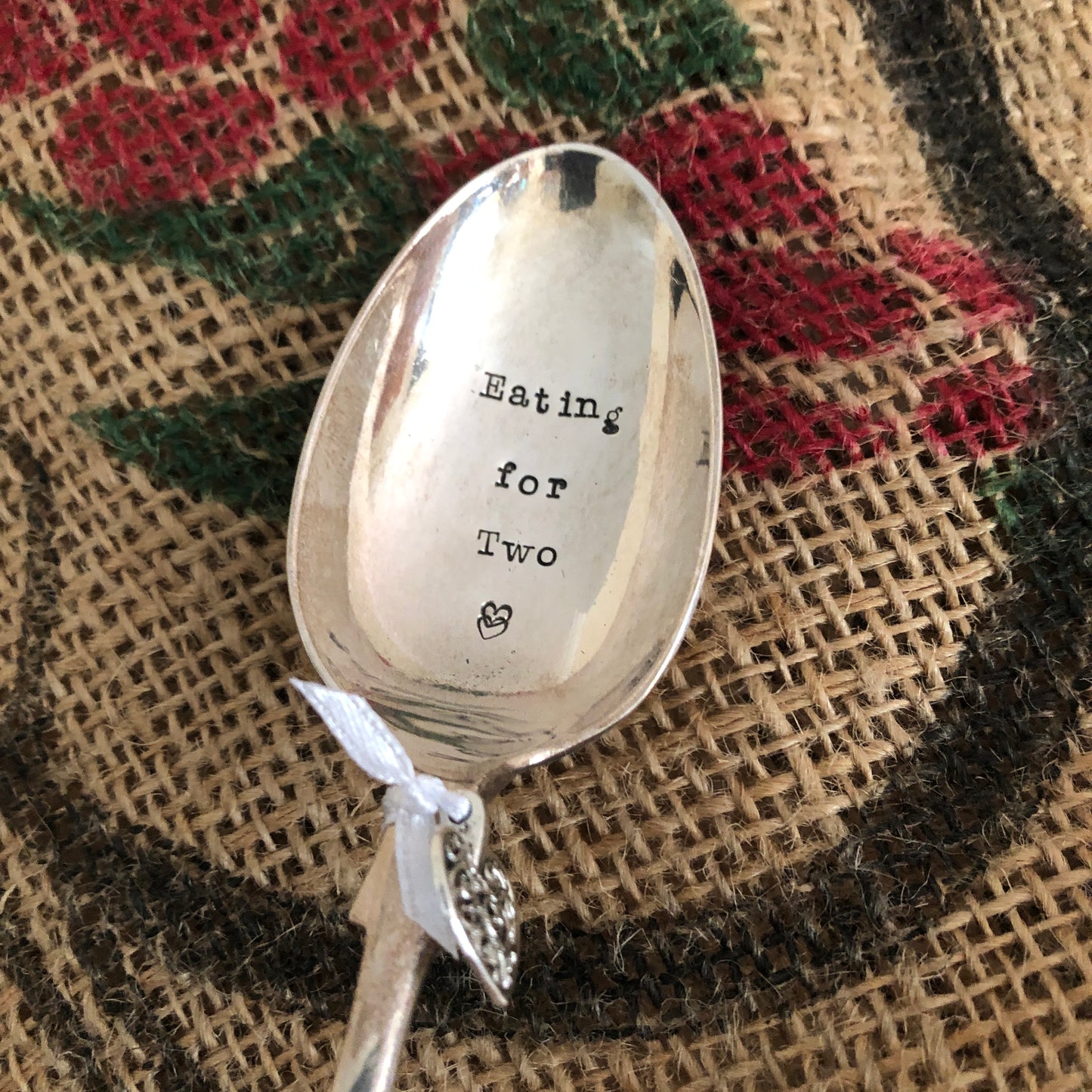 EATING FOR TWO - Hand stamped Vintage Silver Plated Dessert spoon - Free P&P