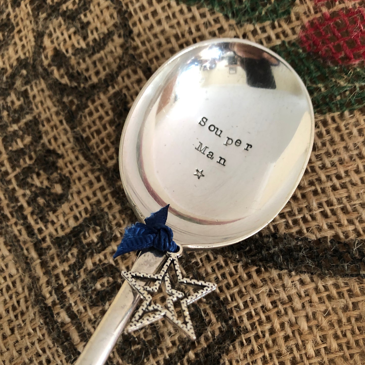 SOUPER MAN  Hand stamped Vintage Silver Plated Soup spoon - Free P&P