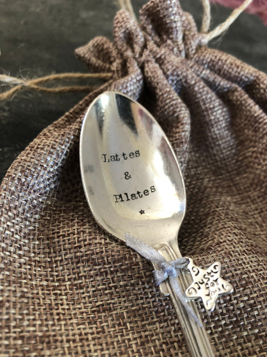 LATTES & PILATES   Hand stamped Vintage Silver Plated Teaspoon - Free P&P