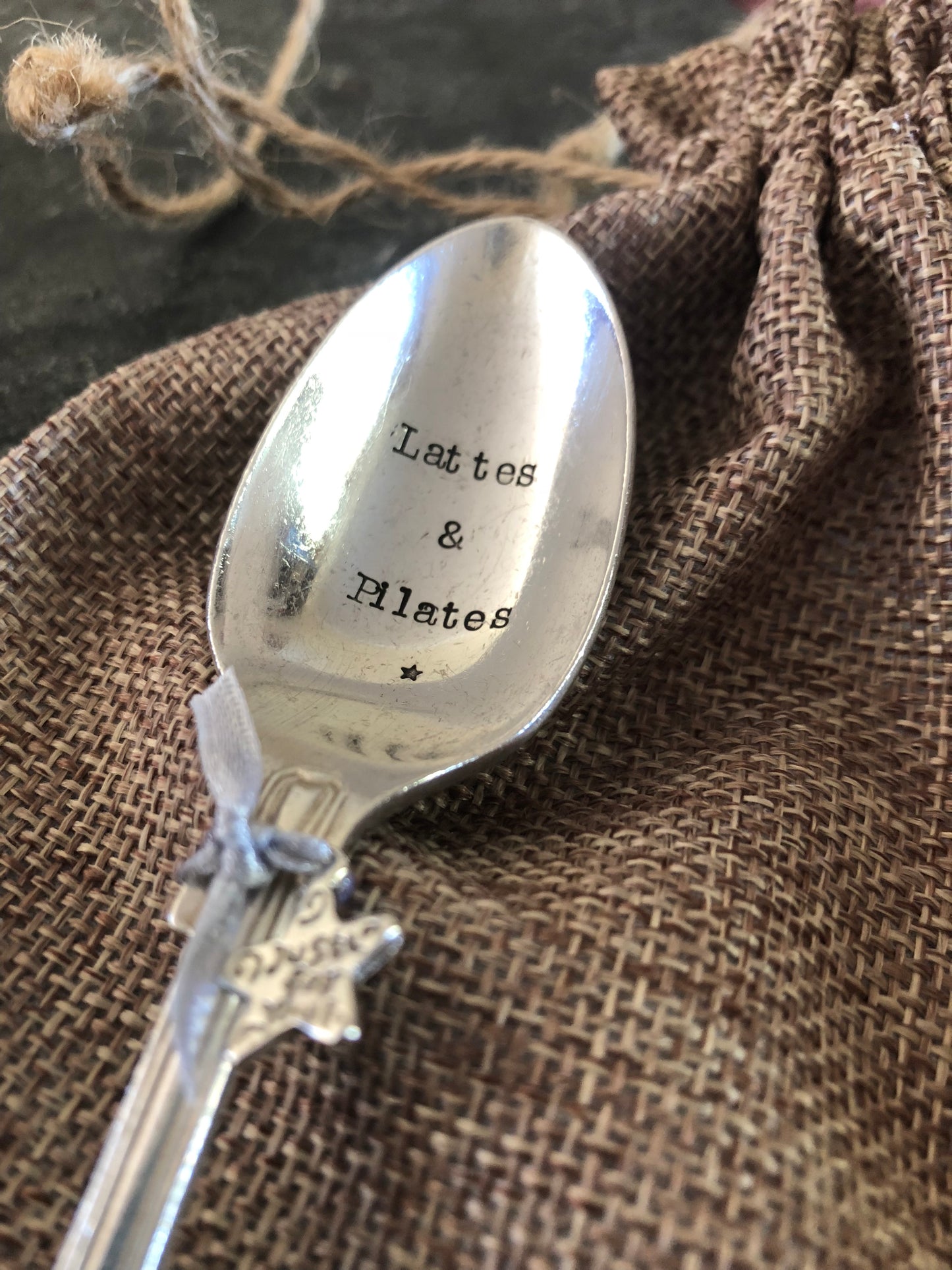 LATTES & PILATES   Hand stamped Vintage Silver Plated Teaspoon - Free P&P