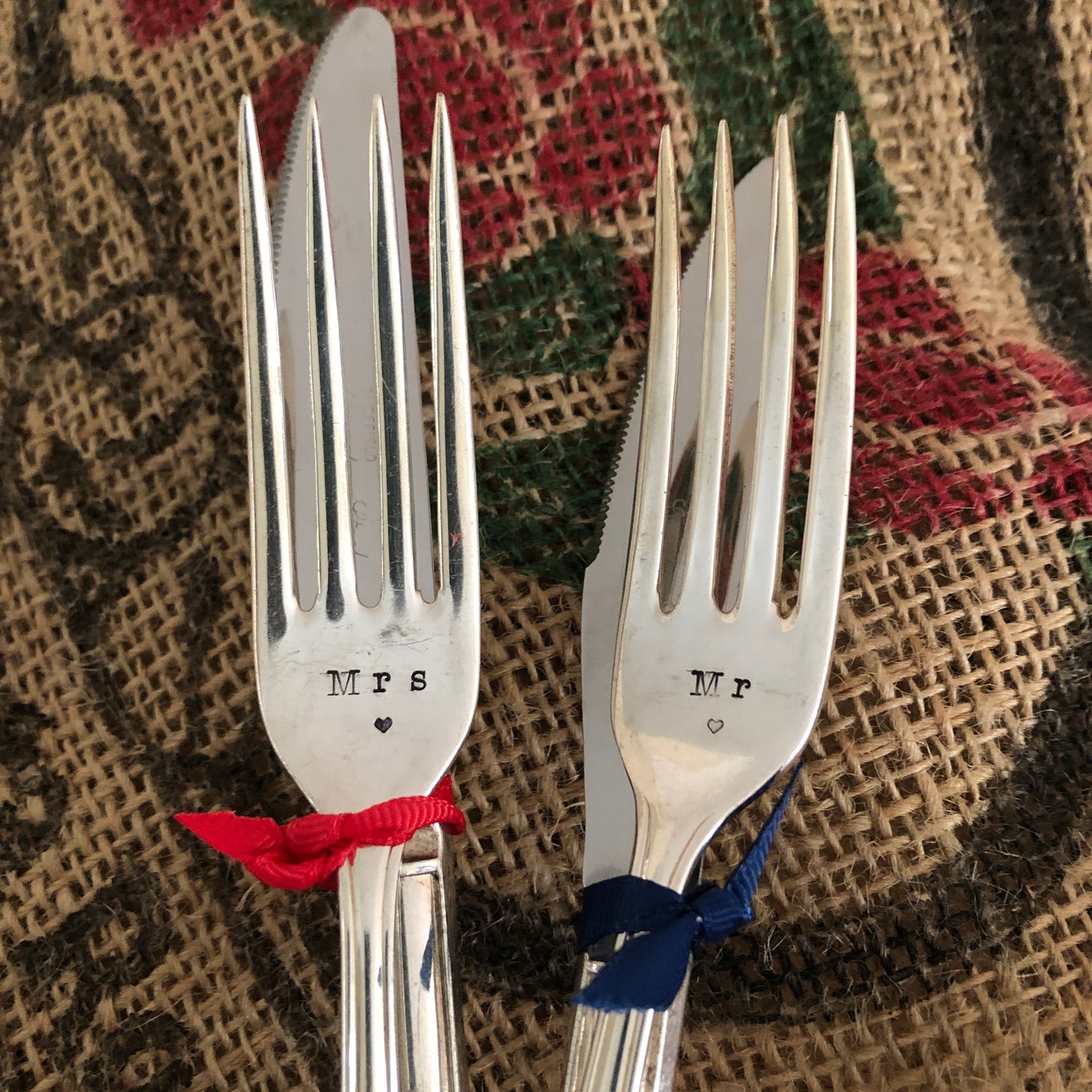 MR & MRS  Hand stamped Vintage Silver Plated Knife and Fork set perfect for Weddings & Valentines - Free P&P
