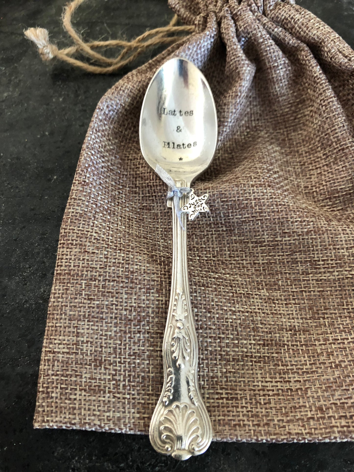 LATTES & PILATES   Hand stamped Vintage Silver Plated Teaspoon - Free P&P