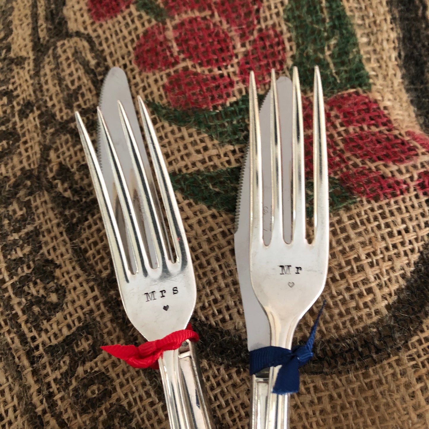 MR & MRS  Hand stamped Vintage Silver Plated Knife and Fork set perfect for Weddings & Valentines - Free P&P